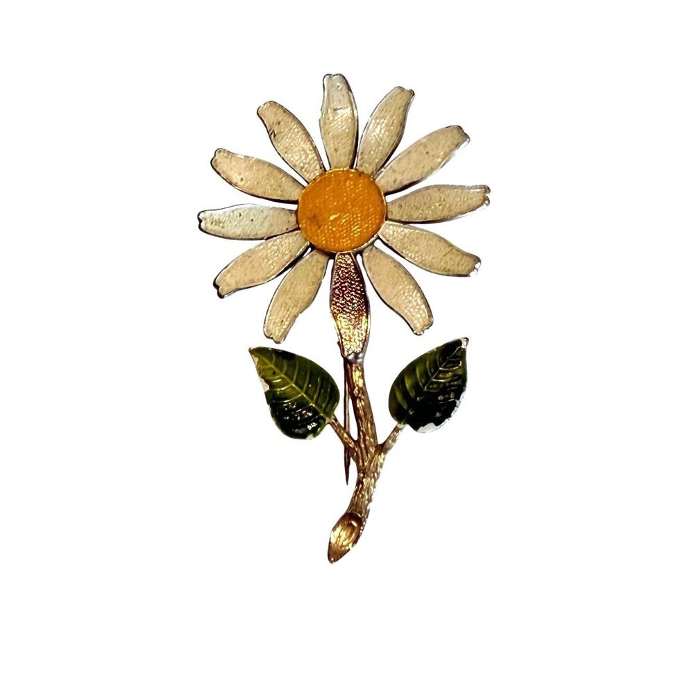 Enamel Daisy Flower Brooch Pin Vintage Gold-Tone Green Leaves Yellow
